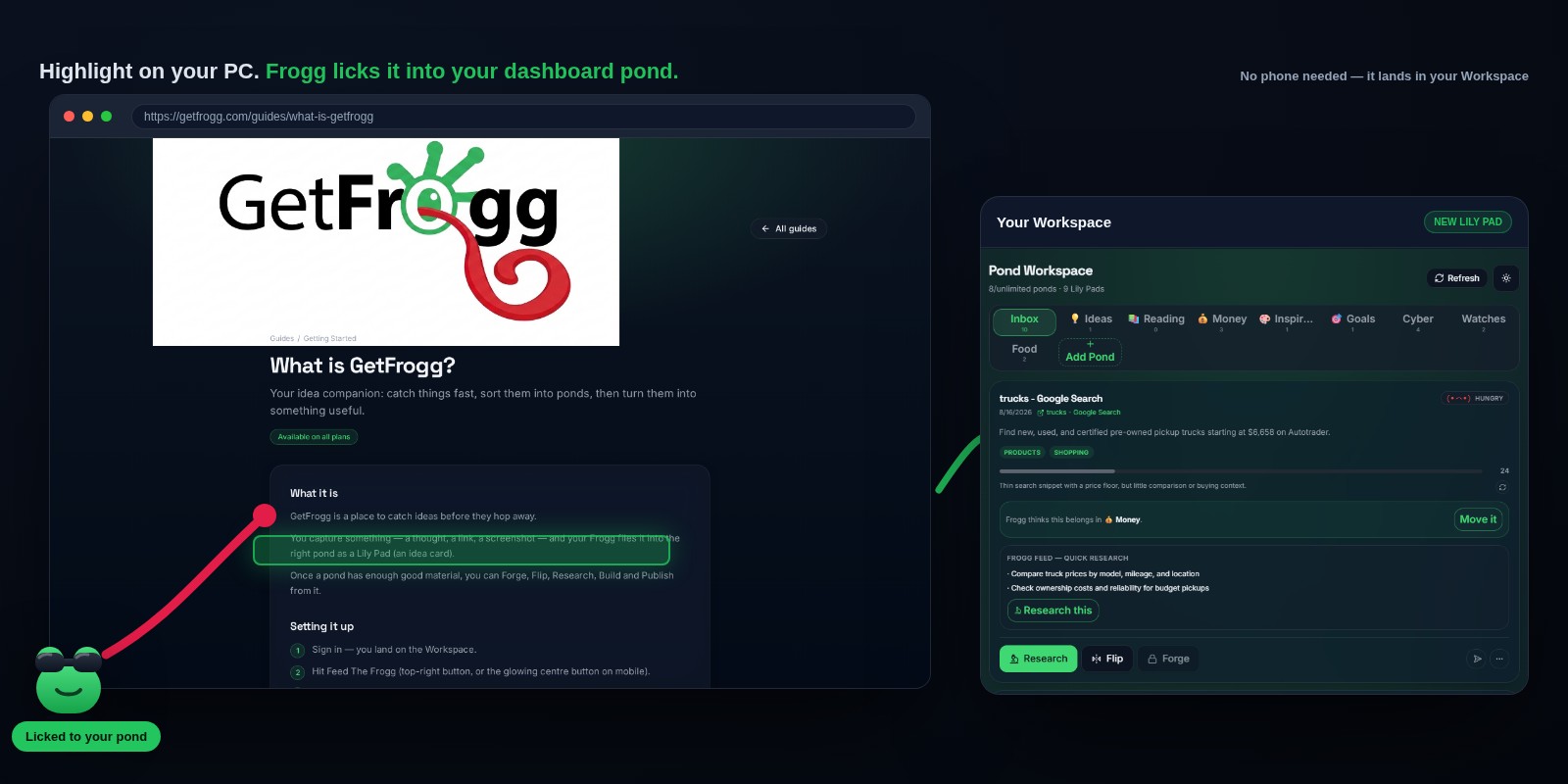 The GetFrogg browser extension captures a guide page and licks it straight into your pond